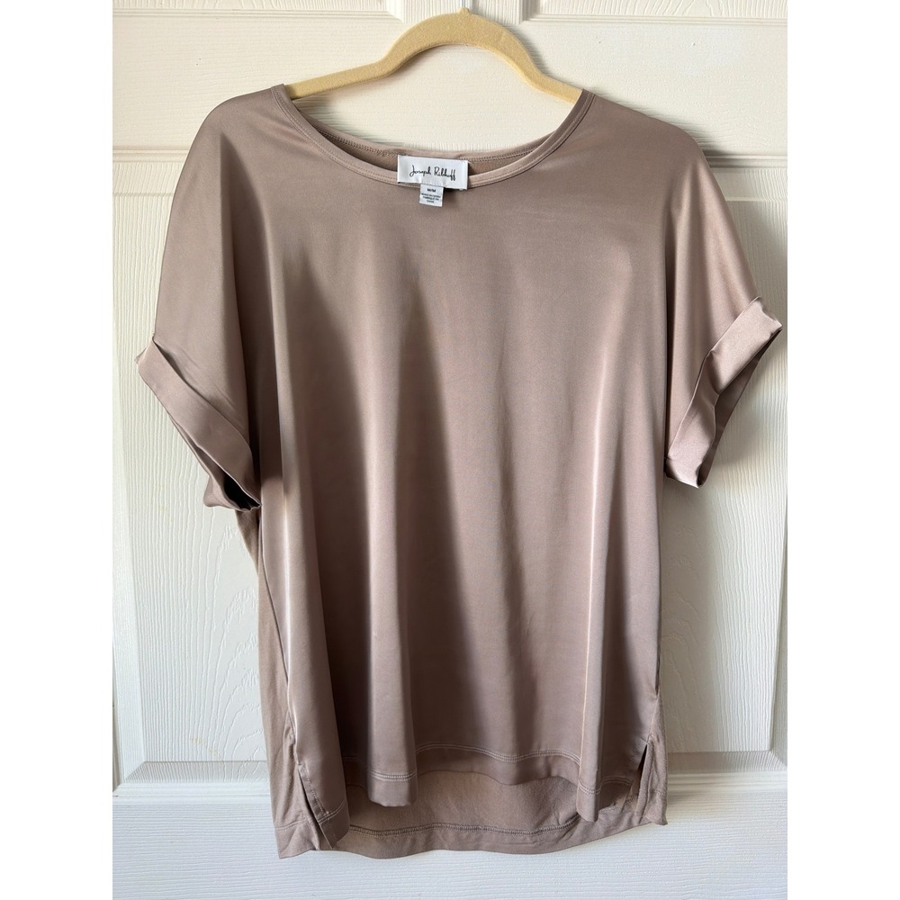 Joseph Ribkoff Top Women Medium Taupe Satin Front Cuffed Sleeve Mixed Media Chic